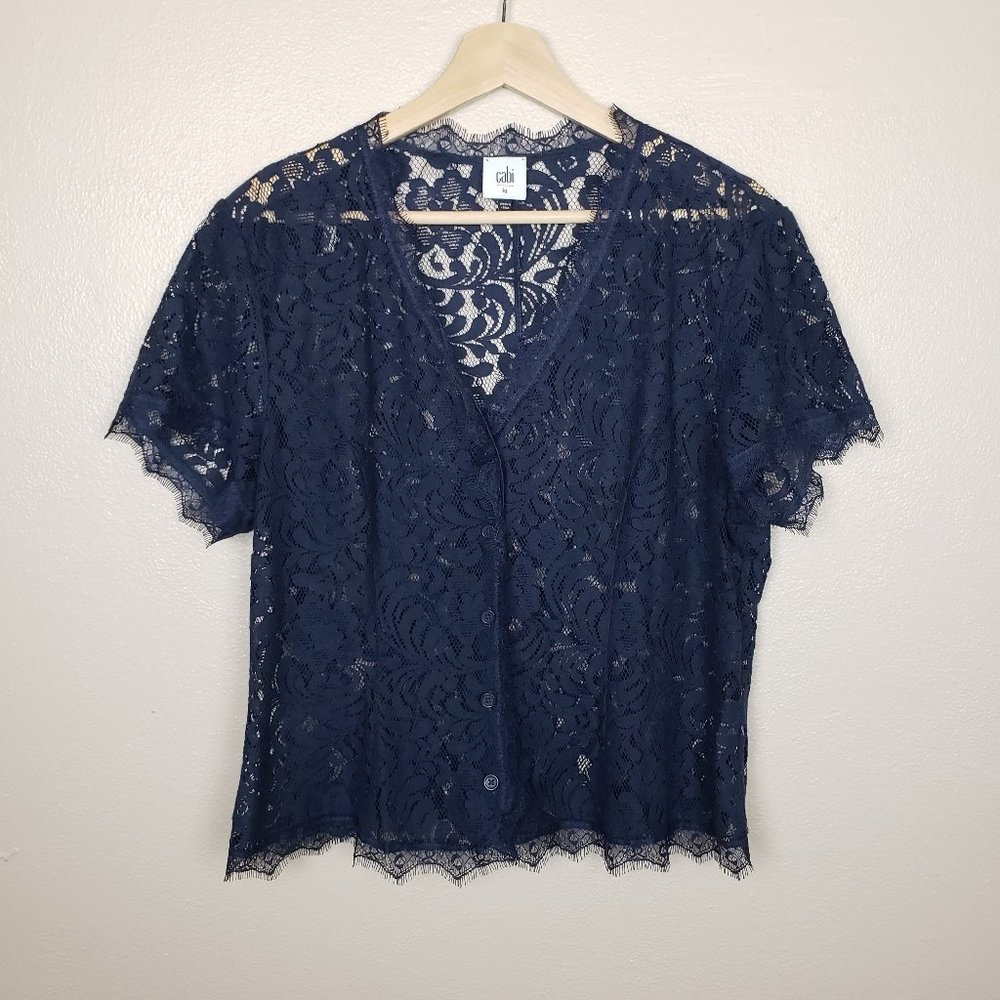 Cabi Navy Lace London Calling Sheer Shirt Large